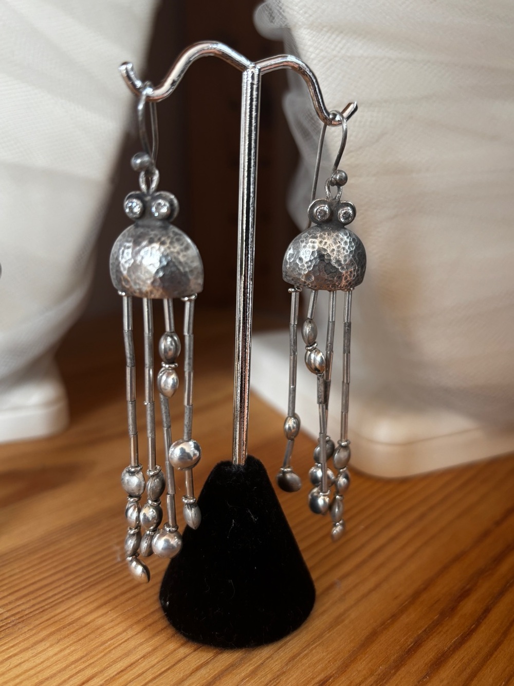 Antique Sterling Silver Dangle Bead Fringe Earrings - Women Jewelry